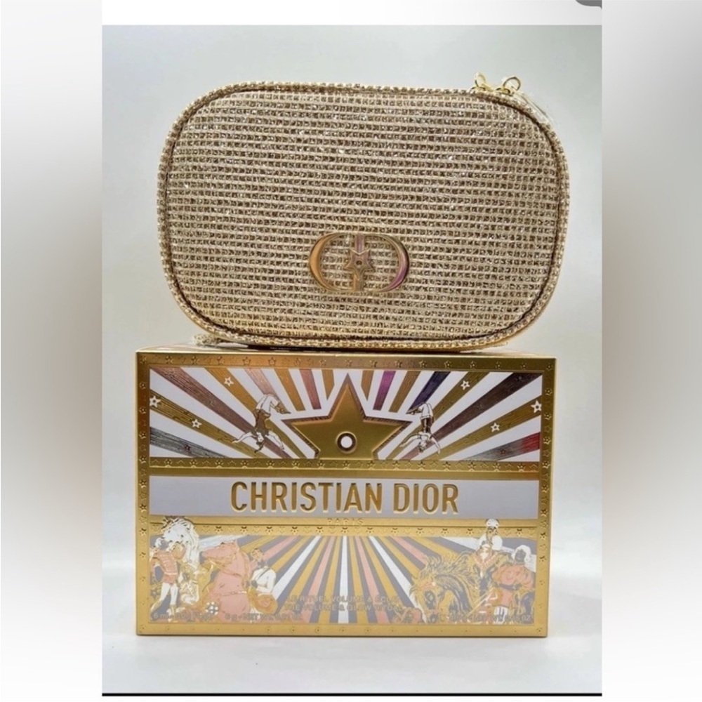 Dior 2025 Limited Holiday Edition cosmetic pouch in a gold, sparkly material. - Picture 2 of 5